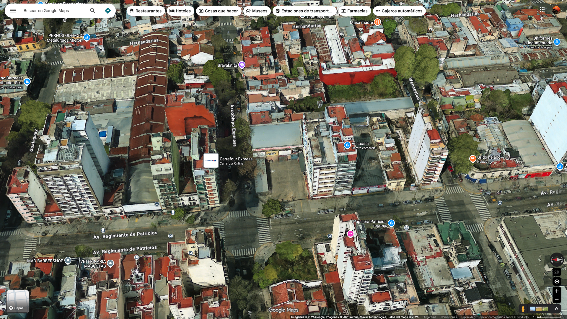 Esquina de Av. Regimiento de Patricios, vista aérea